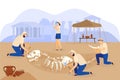 Archaeological excavation team discovers dinosaur skeleton, people vector illustration