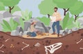 Archaeological excavation vector flat illustration. Men and women scientists in history expedition.