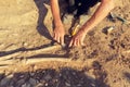 Archaeological excavations. archaeologist with tools conducts research on human burial, skeleton, skull