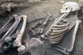 Archaeological excavations and finds bones of a skeleton in a human burial, a detail of ancient research, prehistory Royalty Free Stock Photo