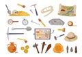 Archaeological inventory and ancient finds set. Pick shovel for excavation with brushes hammer prehistoric tools