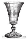 Archaeological Museum of Douai, Old glass chalice, says glass of Eight Priests, vintage engraving