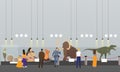 Archaeological museum interior vector banner. Visitors watching exhibition.