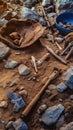 Archaeological scene with a collection of ancient tools and artifacts