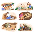 Archaeologist. Cartoon archeologist working with dig instrument on archeology excavation site, search ancient artifact Royalty Free Stock Photo