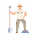 Archaeologist in hat with shovel at excavation in flat style vector illustration