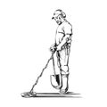 Archaeologist with metal detector sketch vector illustration. Field survey. Search for treasure. Black on white