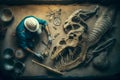 Archaeologist works on an archaeological site with dinosaur skeleton in wall stone fossil tyrannosaurus excavations