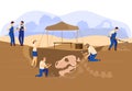 Archaeologists paleontologist excavation or digging soil with dinosaur skull and skeleton discovery vector illustration.