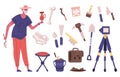 Archaeology explorer character with archaeology dig equipment and artefacts. Male archaeologist at work vector
