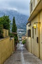 Archanes, Crete - Greece. Narrow paved alley in Archanes village on a stormy day