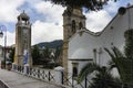 Archanes, Crete / Greece. The Venetian church of Virgin Mary Panagia Kera or Faneromeni and the beautiful clock tower that chime