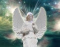 Archangel angel with divine rays of light and beautiful universe background