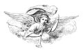 Archangel Gabriel or Angel Blowing Trumpet. Bible. Vintage Antique Drawing