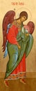 Archangel Gabriel, in full rotation, for a number of deisus, Orthodox icon, made in the Canon, on a gold background. Royalty Free Stock Photo