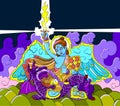 Archangel Michael defeats evil - drawing in the style of Kerala painting, India Royalty Free Stock Photo