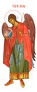 Archangel Michael, in full rotation, behind a number of deisus, an Orthodox icon made according to the Canon, without a background