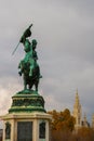 Equestrian statue of Archduke Charles Erzherzog Karl memorial and city hall on a cloudy day in Vienna Wien, Austria