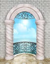 Arched balcony with twisted columns and wrought iron railing 3D illustration 3D rendering