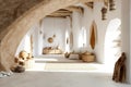 Arched ceiling and timber beams in farmhouse hallway. Rustic style interior design of entrance hall in country house. Created with