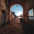 Arched concrete passageway leads to a narrow path alongside a water body at