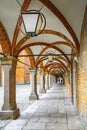 Arched corridor ceiling in Lubeck Old Town. Markt in Altstadt.