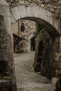 Arched corridor over a curved stone pathway in a old castle