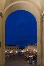 Arched entrance to the Piazza dell`Anfiteatro in the blue hour, Lucca, Tuscany, Italy Royalty Free Stock Photo