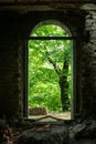 An arched exit from an old abandoned building or dungeon into the forest