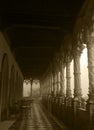 Arched Gallery - Bussaco Palace, Foggy Day - Sepia Image Royalty Free Stock Photo