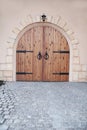 Arched medieval wooden door in a stone wall