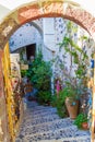 Arched passageway to souvenir shop in Fira Santorini Greece Royalty Free Stock Photo