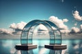 Arched portal podium on fantasy surreal water landscape. Cloud sky. Generative AI illustration.