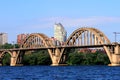 Arched railway bridge over the river, skyscrapers, towers. Spring, summer view of the Dnipro river and the city Dnepropetrovsk, Royalty Free Stock Photo