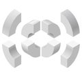 Arched shapes in isometric perspective, isolated on white background. Basic building blocks for creating abstract objects, backgro
