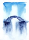 Arched stone bridge on abstract background. Hand drawn watercolors on paper texture. Raster Royalty Free Stock Photo