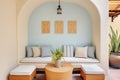 arched stucco alcove with builtin seating area