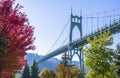 Arched stylish St Johns bridge in Portland in the colors of autumn trees