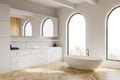 Arched white bathroom corner with tub and sink Royalty Free Stock Photo