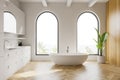 Arched white and wooden bathroom, tub and sink Royalty Free Stock Photo