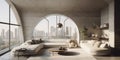 Arched window and beige velvet sofa in apartment With concrete ceiling. Interior design of modern living room
