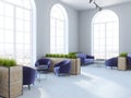 Arched window cafe corner, purple armchairs