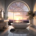 Arched window in modern bathroom at sunset in a city