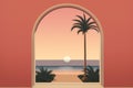 an arched window with a view of the ocean and palm trees Royalty Free Stock Photo