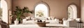 Arched windows in room with beige wall. Interior design of modern living room. Created with generative AI