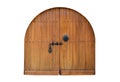 Arched wooden doors viewed from the inside, featuring a locking bar and a secured padlock Royalty Free Stock Photo