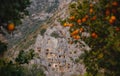 Archeological remains of the Lycian rock cut tombs in Myra, Turkey Royalty Free Stock Photo