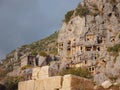 Archeological remains of the Lycian rock cut tombs in Myra, Turkey Royalty Free Stock Photo