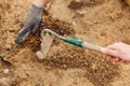 Archeological tools, Archeologist working on site, hand and tool. Royalty Free Stock Photo