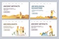 Archeologists landing page templates. Cartoon archaeologists explore antiquities vector illustration